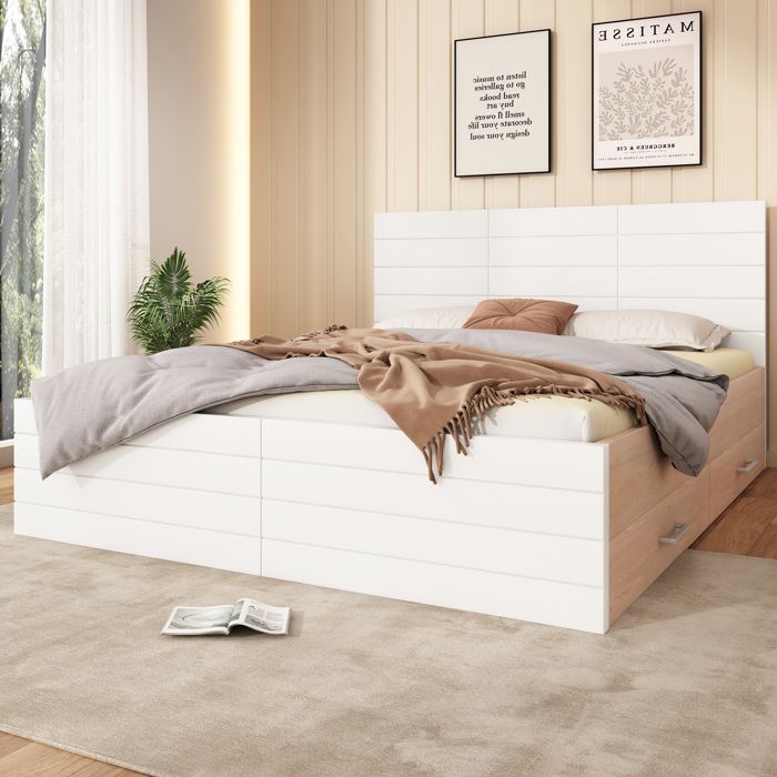 Lit Double 140 x 200 cm En Bois Massif Et MDF Blanc Et Chêne Clair Avec Sommier À Lattes Tête De Lit Et 2 Tiroirs De Rangement