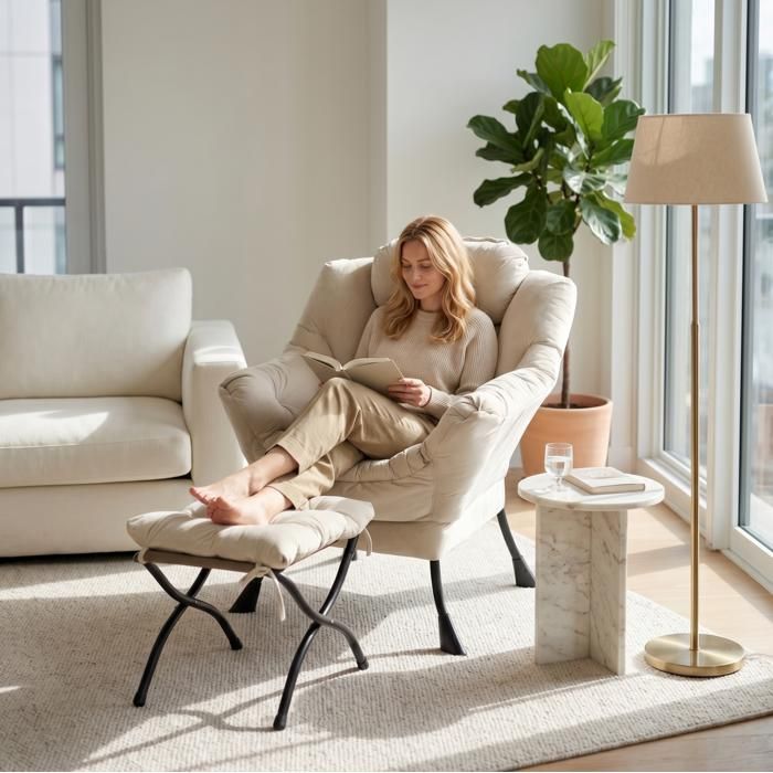 JOINERY fauteuil salon relaxation avec repose pieds pliable tissu polyester beige structure métal têtière poche latérale