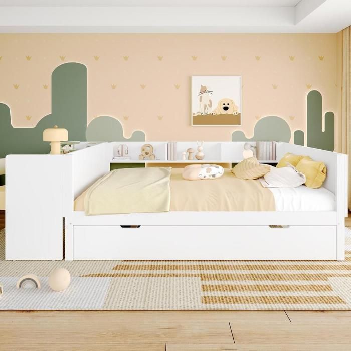 Lit - KOMHTOM - 140x200 - Pin & panneaux de particules - Lit escamotable avec bureau - 3 étagères