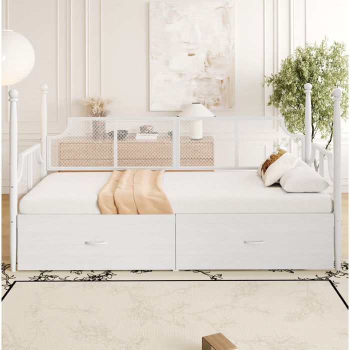 Lit banquette Simple 90×200 cm 2 tiroirs et dossier en maille - YEAVIO - sans matelas métal blanc vintage