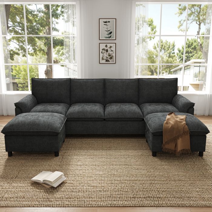 Canapé modulaire en U 4 places avec 2 poufs coffre - MODENVIE - dossier haut chenille noire 264 5 × 142 5 × 84 cm