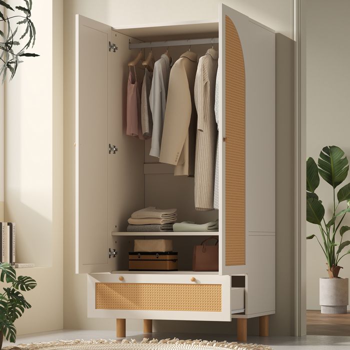 Armoire dressing 180x85x52 cm avec 2 portes en rotin tiroir étagères réglables et penderie blanche