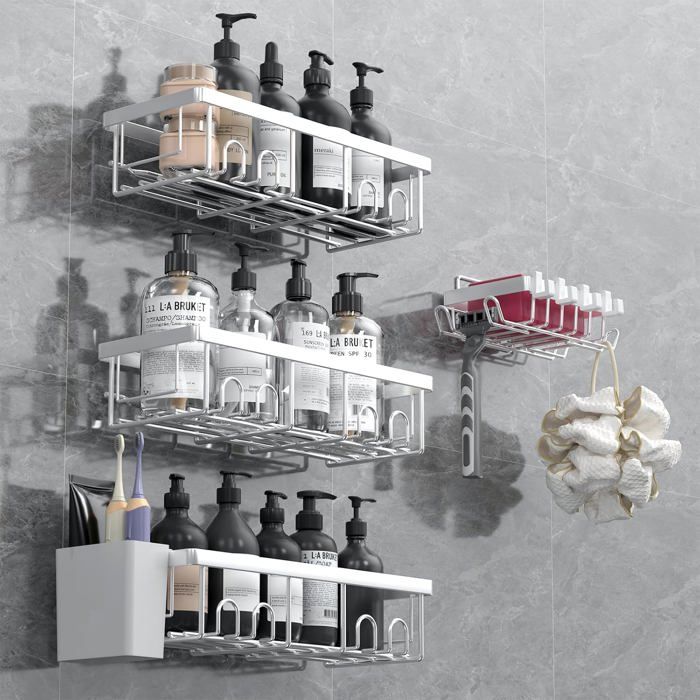 Étagère salle de bain - lot de 4 supports autocollants en acier inoxydable finition argent et noire - capacité 15 kg - sans perçage