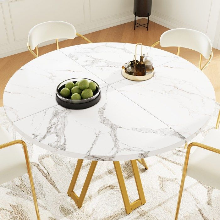 Table à manger ronde AESVAR 100 x 100 x 76 cm MDF aspect marbre métal doré 4-6 personnes