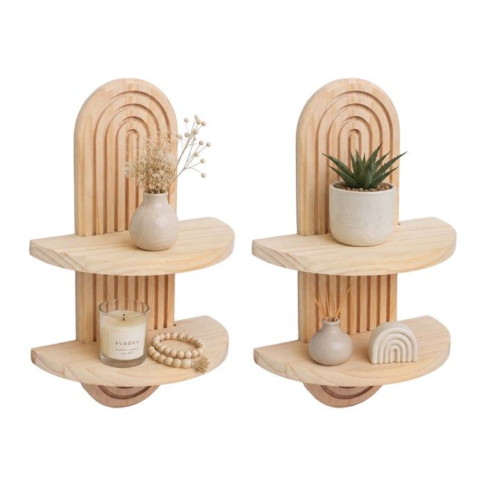 Relaxdays Étagères murales Boho lot de 2 2 tablettes bois de pin forme arc 35x21 5x12cm naturel