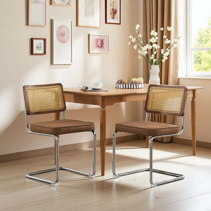 Lot de 2 Chaises de Salle à Manger Style Médiéval Moderne Dossier Rotin Naturel Piètement Acier Chromé Rembourrées Marron