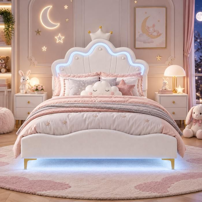 Lit enfant 140x190 avec Éclairage LED RGB - tête de lit couronne réglable - sommier à lattes - décor couronne - 1 place - PU blanc
