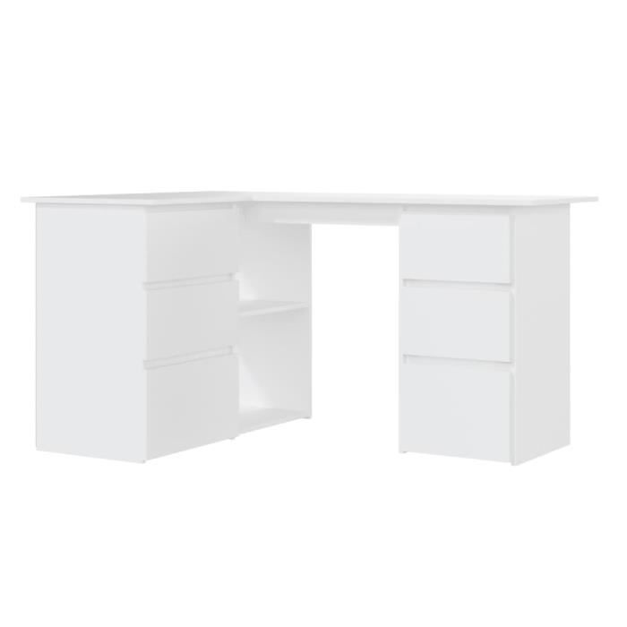 Bureau dangle - AKOZON - 145x100 cm - Bois dingénierie - 4 tiroirs - Blanc