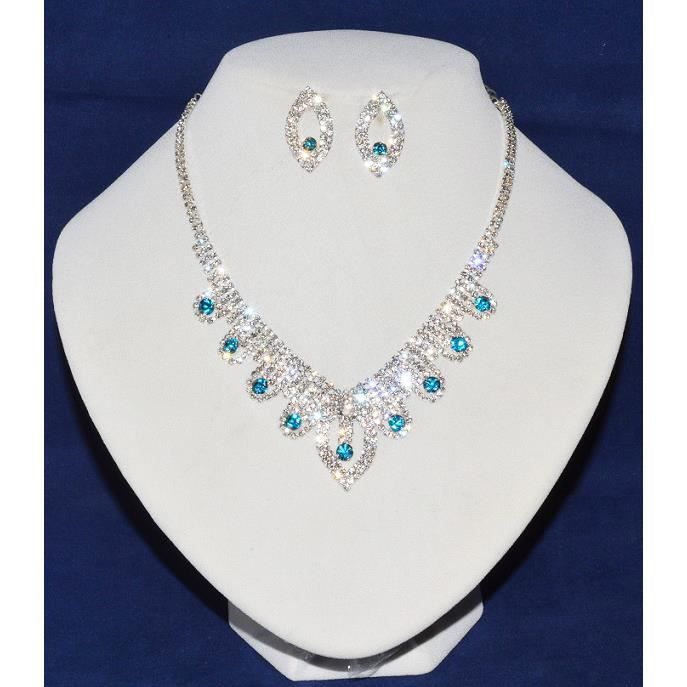 Parure bijoux Strass turquoise collier boucle d/'oreille mariage cérémonie soirée