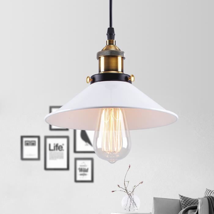 UNI Pendentif Luminaire Lustre Suspension Rétro Industrielle Forme de Chapeau Lampe de Fer - Blanc