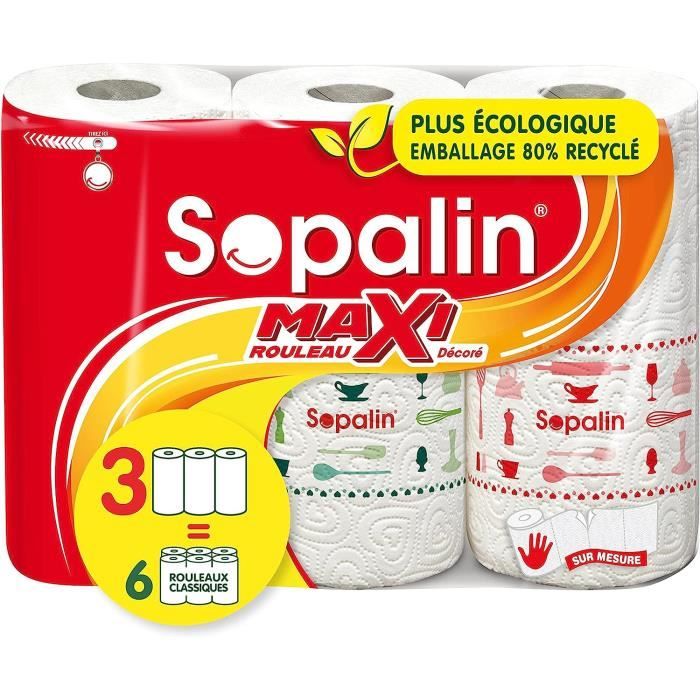 Pack De 2 X Sopalin Maxi Rouleaux Décoré : Triple épaisseur, Demi-feuilles Et 6 Rouleaux Classiques équivalents - Emballage écologique 80% Plastique Recyclé