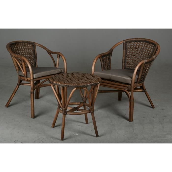 Salon de jardin - Rotin et cannage - 2 fauteuils + 1 table ronde - Marron