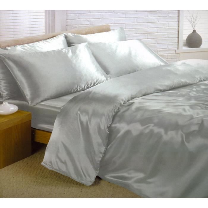 Parure de lit satin gris/argent - Lit 90 cm - Housse de couette 140x200 cm - Drap 90x190 cm - Lit 1 place