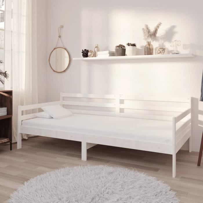 Lit blanc en bois massif 90x200 cm - JILI - Contemporain - Design - A lattes Lit blanc en bois massif 90x200 cm - JILI - Contemporain - Design - A lattes