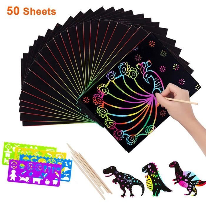 4pcs Modèles crayons en bois et autocollants 13 x 19cm A - 70pcs Lot de 60 grandes feuilles de papier à gratter arc-en-ciel avec pochoirs 6pcs Crayon en bois pour dessiner et bricoler 