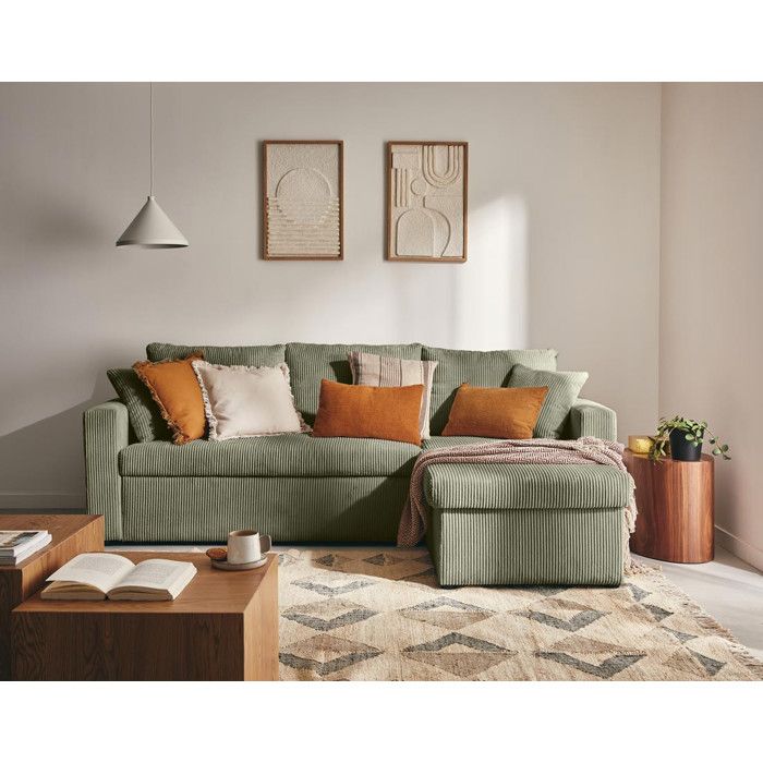 Cyrus - canapé d'angle réversible 4 places - convertible avec coffre - en velours côtelé - Vert