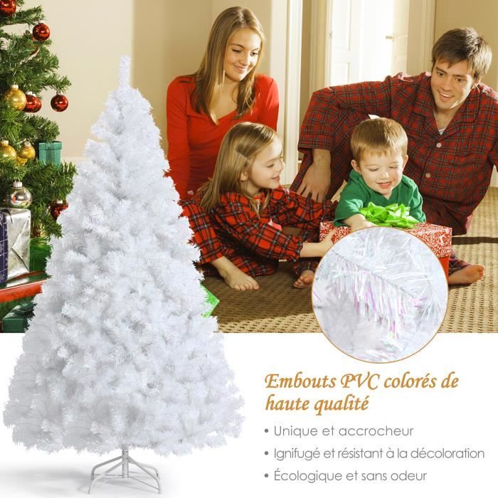 COSTWAY Sapin de Noël Artificiel Blanc 180 cm avec 850 Rameaux Irisés