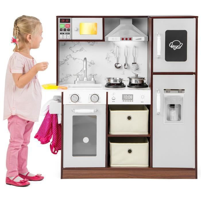 Cuisine Enfants - COSTWAY - en Bois 3 Ans+ 14 Accessoires Lumière & Effet Sonore avec Vêtements Rose de Chef