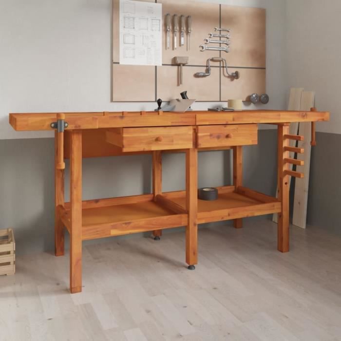 Établi En Bois Massif D'acacia Avec 4 Tiroirs Et étaux - Dimensions 124x52x83 Cm, Surface De Travail Stable | Pour Garage, Atelier, Bricolage