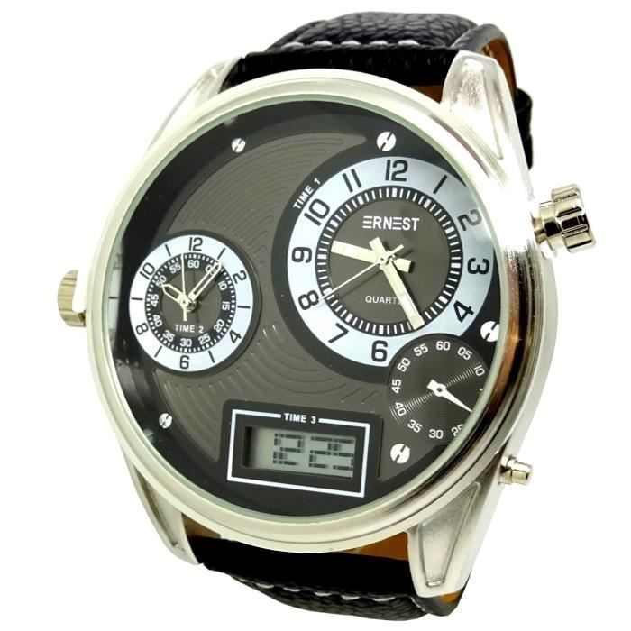MONTRE HOMME 3 FUSEAUX DIGITALE AIGUILLES NOIR ARGENT CUIR XL