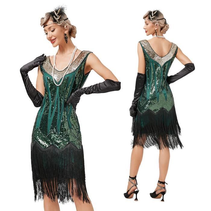 Robe Vintage Femme Déguisement Année 20 Charleston Franges Paillettes Col V  Sans Manche Soirée Bal Cocktail Cérémonie XS-3XL Vert Vert - Cdiscount  Prêt-à-Porter