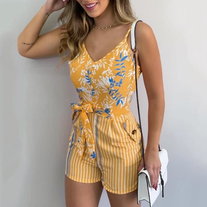 JFAN Été Sans Manches Combinaison Femme Floral Imprimer Jumpsuit Fleuri Imprimé Robe Rompers Combishort Casuel Bretelles FloralNero S