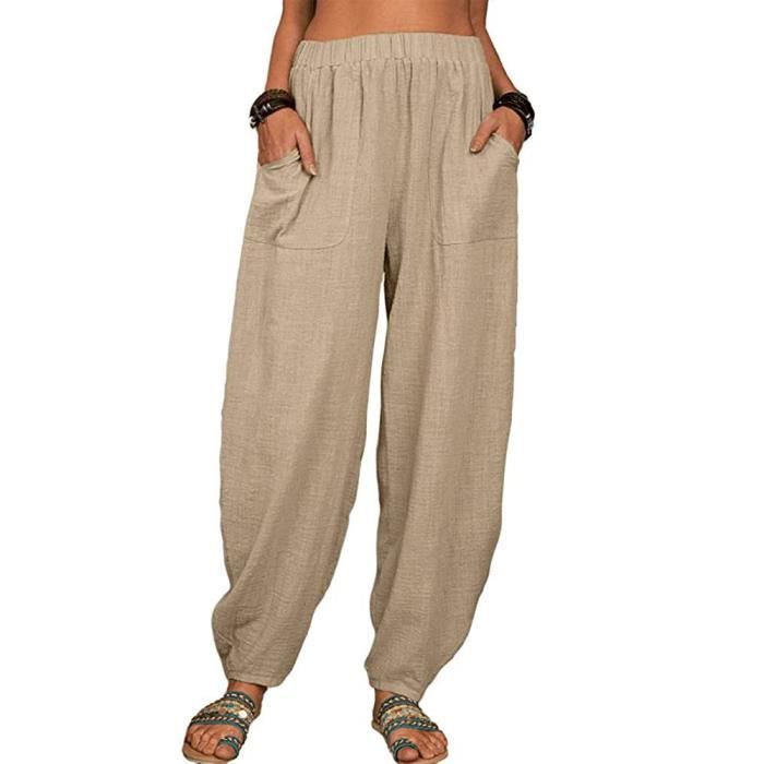 Pantalon Lin Large Femme Grande Taille Fluide - Sarouel Léger Avec Poches, Style Décontracté Et Confortable