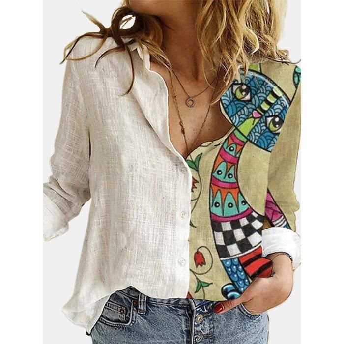 Chemise,chemisier imprimé élégant pour femme, col rabattu, boutons