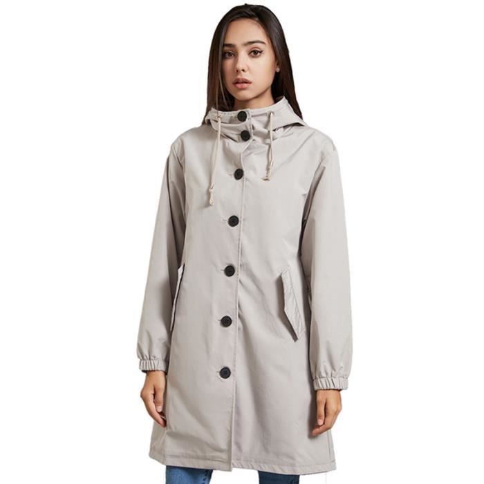 Trench Femme,Coupe-Vent avec Capuche Imperméable d'Extérieur,Trench Femme Longue adapté pour le vélo-Gris Clair