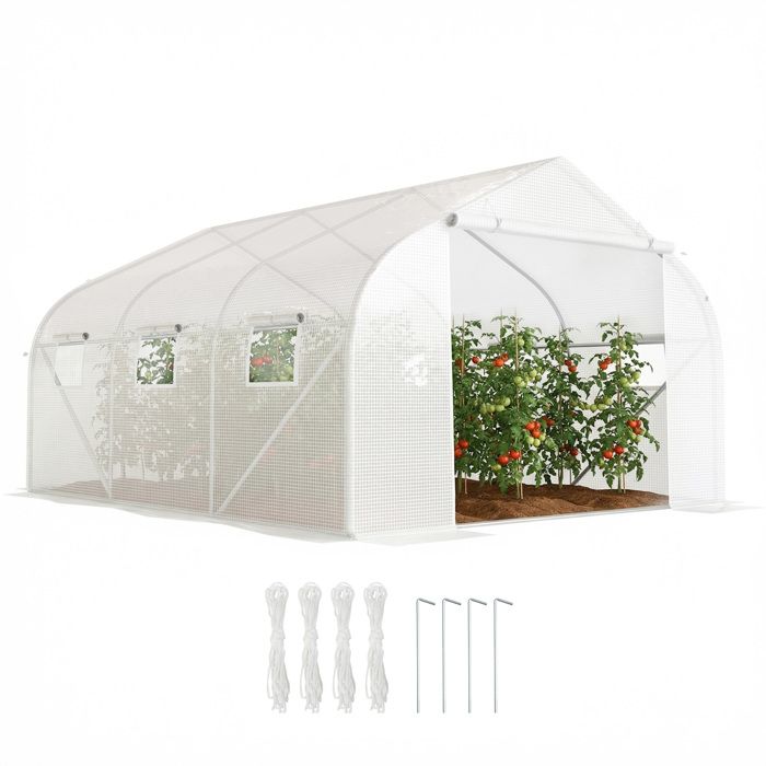 Serre de jardin tunnel - Outsunny - 105 m² porte 6 fenêtres acier galvanisé bâche PE - PE - 35x3x2m - blanc
