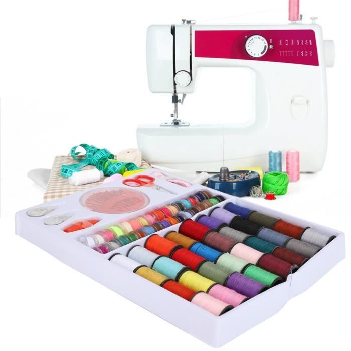 Qiilu Kit de couture 64 rouleaux boîte à coudre Portable bobines de fil aiguilles à ciseaux ensemble d'accessoires pour couture