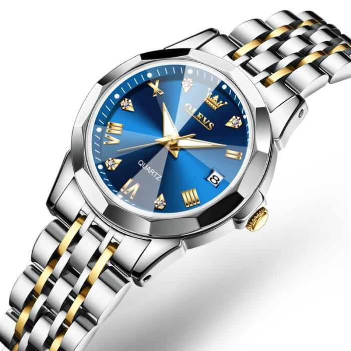 Montre femme de luxe de marque haute qualité mode bracelet en acier étanche à l'eau afficher le calendrier diamant bleu
