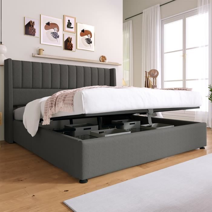 lit coffre lit de rangement lit rembourré hydraulique lit avec sommier lit double 160x200 cm lin gris