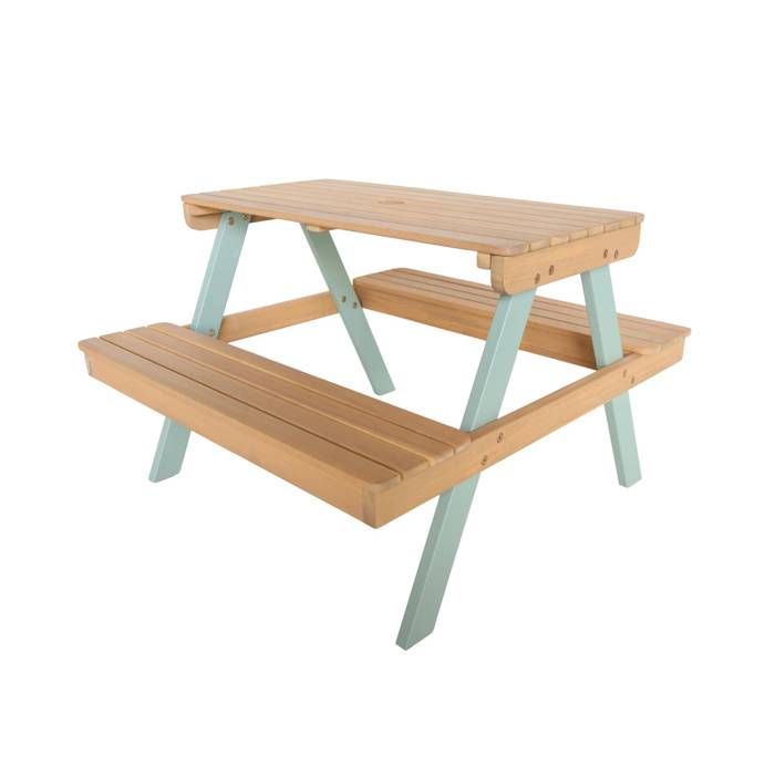 Table de pique-nique. salon de jardin enfant bois dacacia + 2 places couleur teck clair et vert de gris