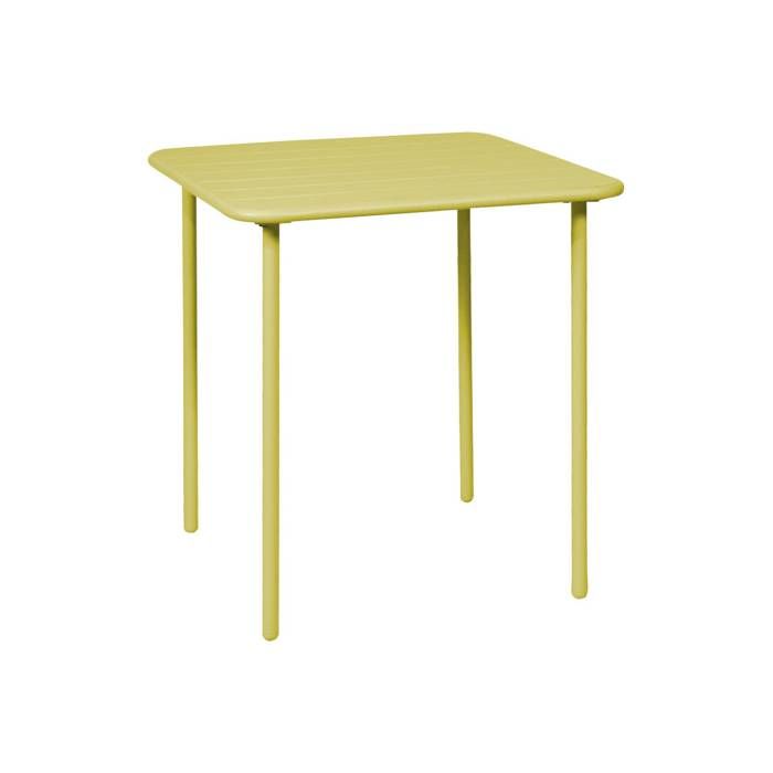 Table de jardin métal 2 places. jaune. Amelia. 70x70cm. traitement antirouille. lattes et bords arrondis Table de jardin métal 2 places. jaune. Amelia. 70x70cm. traitement antirouille. lattes et bords arrondis
