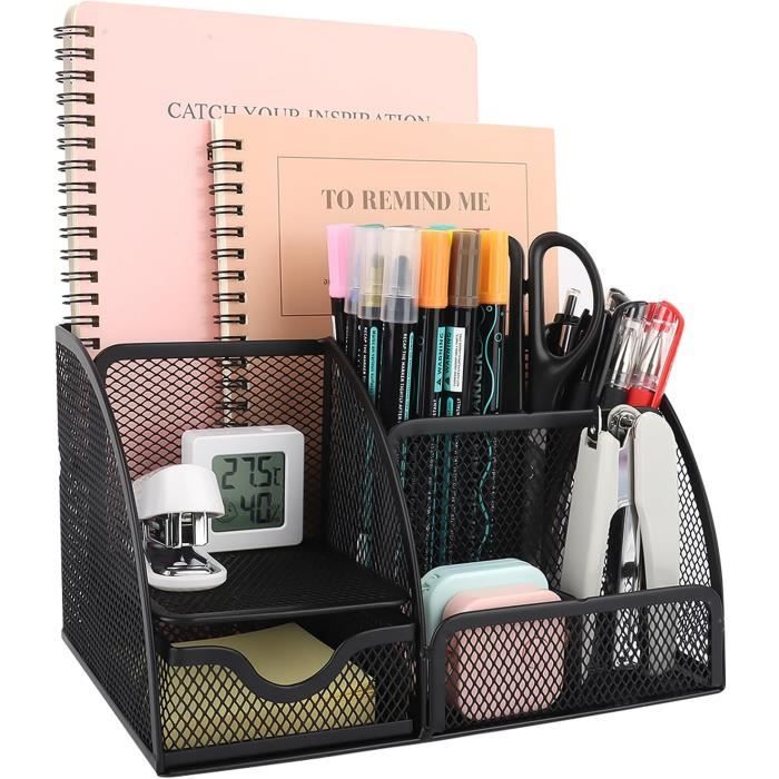 Organisateur De Bureau Métallique Avec Tiroir - Range Stylos Et Fournitures - Noir