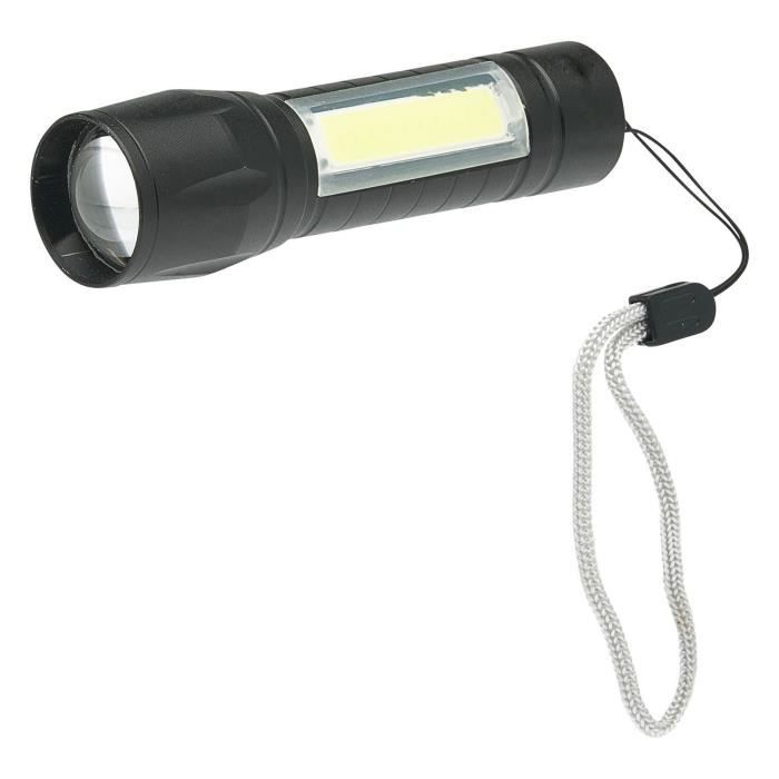 Lampe Torche Rechargeable VELAMP THOR MAX – 120 Lumens, Zoom 12° à 75°, Lanterne Latérale, IP44, Aluminium, Autonomie 2h, Noir