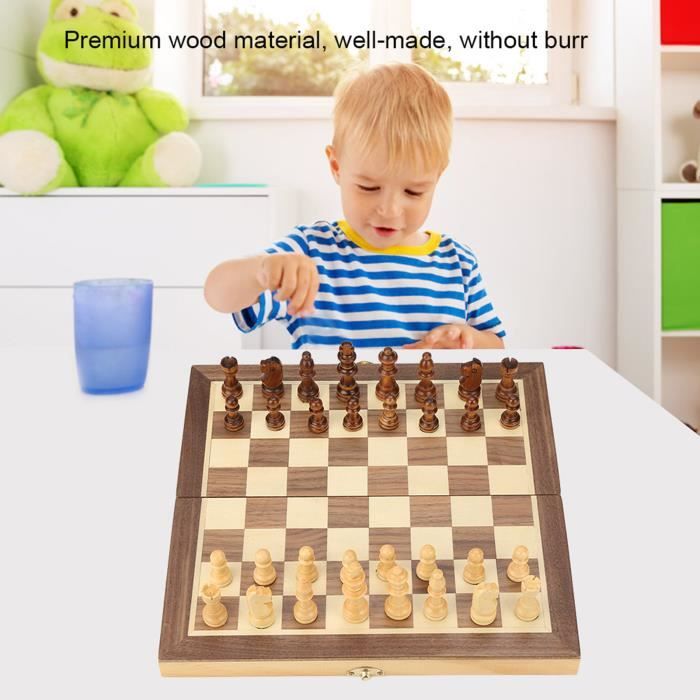 Jeu d'Echec pour Petit en Bois et Echiquier Pliant en Bois