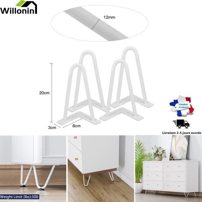 Willonin® 20cm Pieds de meuble avec 2 tiges, 4pcs Support de table Blanc En Épingle, Hauteur 7.8'' pour pieds remplacement