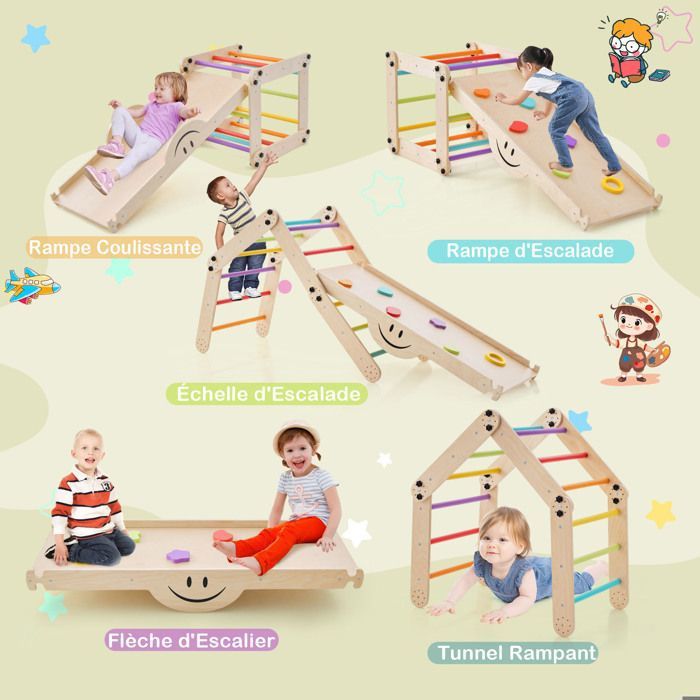 DREAMADE Ensemble d'Escalade Triangulaires 3 en 1 avec Toboggan en Bois