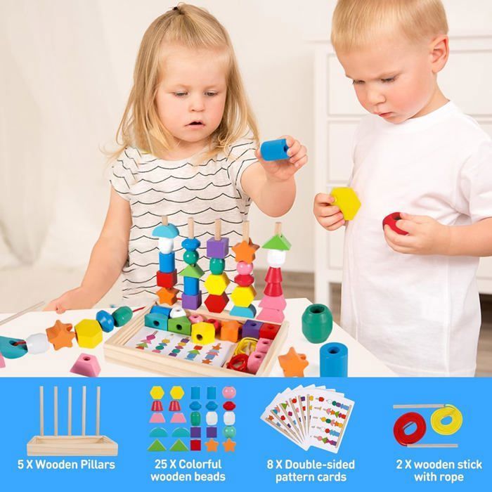 Jouet Enfant - 3 en 1 Jouets de Perles de Laçage en Bois - Empilable y Jouet Enfant - 3 en 1 Jouets de Perles de Laçage en Bois - Empilable y