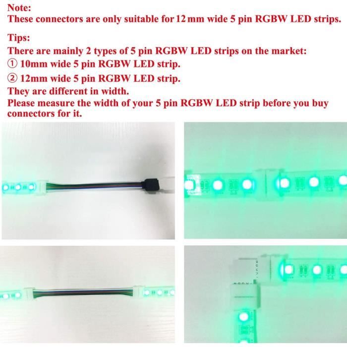 Connecteur Bande LED RGBW de 12mm Large 5 Broches Connecteur d'angle Ruban  LED L Adaptateur Rapide Connector 5 pin Câble Extension Rallonge LED Stripe