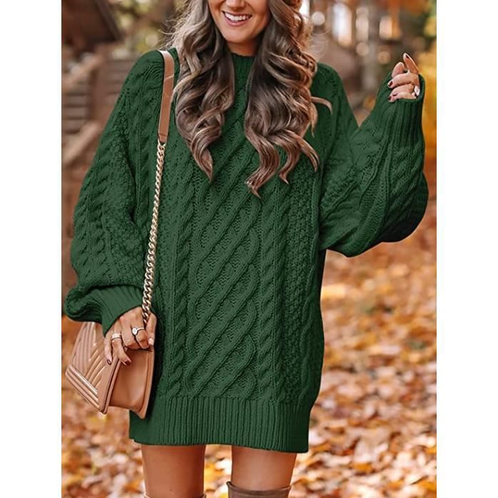 Pull en Tricot Femme Chaude Mi long Automne Hiver Pullover Col Rond Manches Longues Couleur Unie Vert