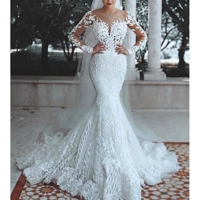 GRMTCOLT Arabe Sirene Illusion Manches Longues Pure Blanc Dentelle Queue de Poisson Robe de Mariee Pure blanc Cdiscount Pret a Porter