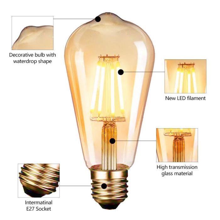 6 Pack Vintage Edison LED E27 ST64 4W Ampoule à incandescence à vis Edison Ampoule  LED blanc chaud 2700K - Cdiscount Maison
