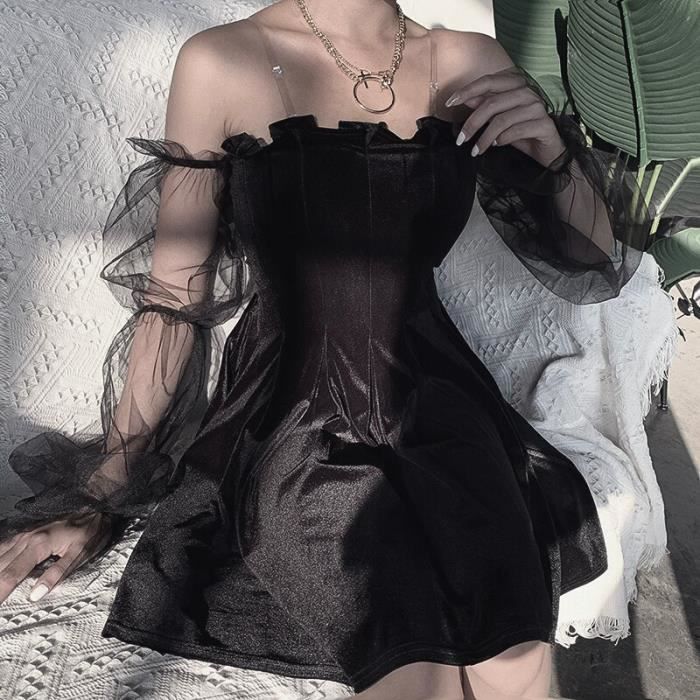 Robe Mini robe gothique en velours noir Vintage epaules denudees manches lanternes maille Patchwork noir Velvet Black Blanc Cdiscount Pret a Porter