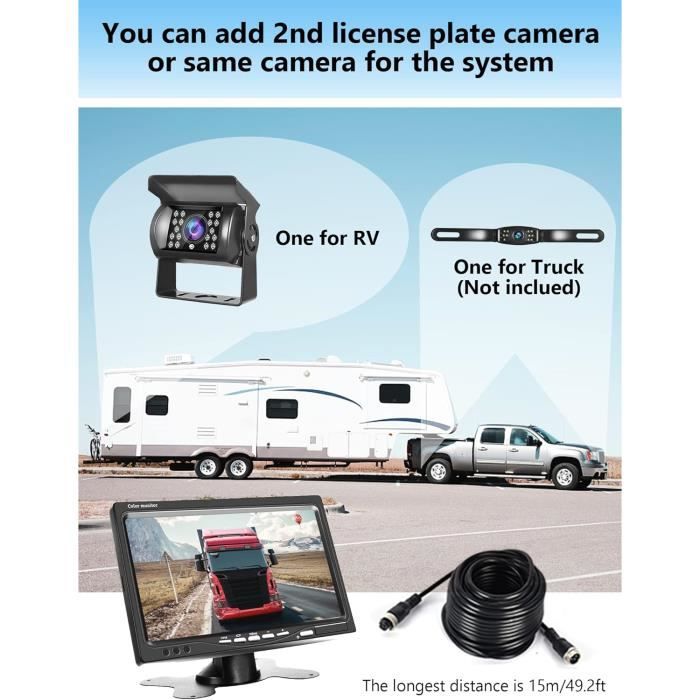Kit Caméra De Recul 1080P HD Avec Moniteur IPS 7 Pouces - 2 Caméras étanches IP68, Vision Nocturne, Câbles 10m + 15m - Pour Camions, Camping-cars, Remorques - 7