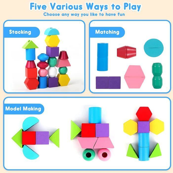 Chithor – Jeu Montessori 3 En 1 – Perles De Laçage Et Empilage En Bois – Pour Filles Et Garçons 2-5 Ans