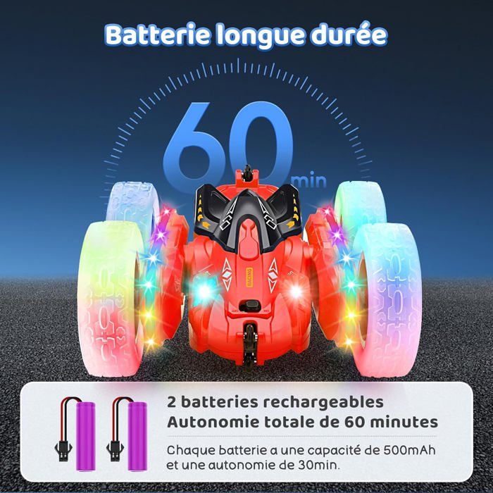 SGILE Voiture Télécommandée Cascadeuse – LED Arc-en-Ciel, Rotations 360° Et Flips, 2,4GHz, 2 Batteries Rechargeables – Cadeau Enfant Rouge