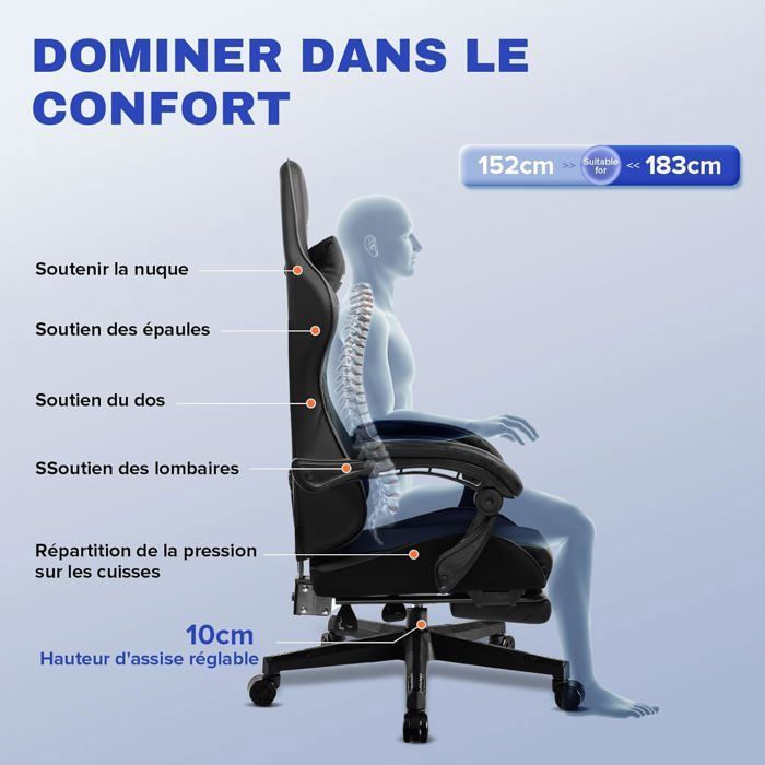 Chaise Gaming - Fauteuil Pro - Repose-pieds télescopique - Dossier inclinable 135° - Cuir noir - Maison